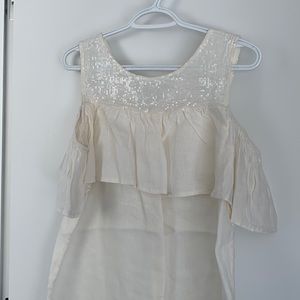 Linen summer dress, designer, unlined, off the shoulder sleeve